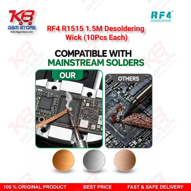 RF4 R1515 1.5M Desoldering Wick (10Pcs Each) – Low-Residue Copper Solder Braid for Mobile PCB & BGA IC Repair