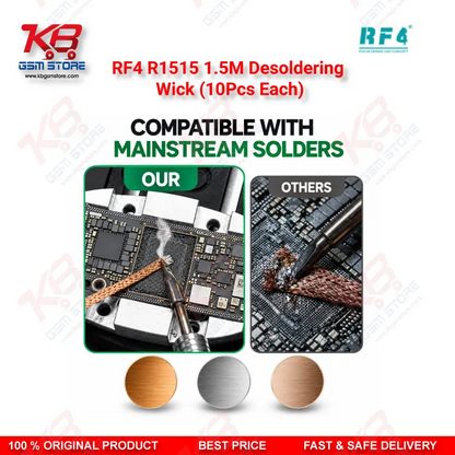 RF4 R1515 1.5M Desoldering Wick (10Pcs Each) – Low-Residue Copper Solder Braid for Mobile PCB & BGA IC Repair