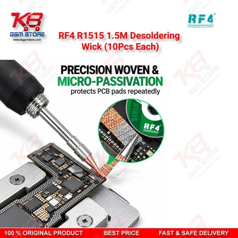 RF4 R1515 1.5M Desoldering Wick (10Pcs Each) – Low-Residue Copper Solder Braid for Mobile PCB & BGA IC Repair