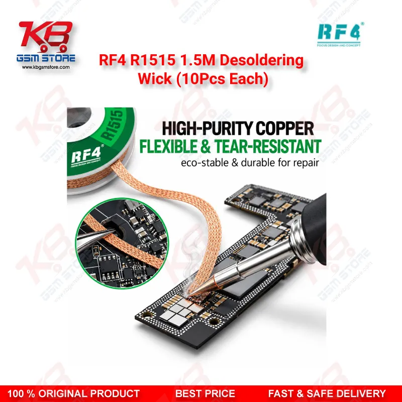 RF4 R1515 1.5M Desoldering Wick (10Pcs Each) – Low-Residue Copper Solder Braid for Mobile PCB & BGA IC Repair