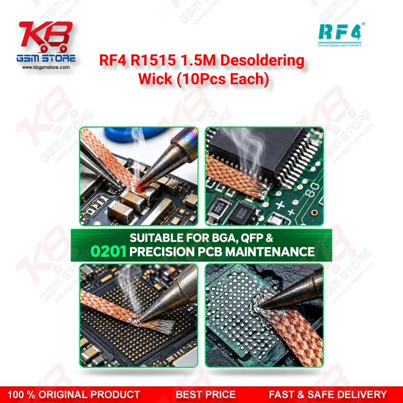 RF4 R1515 1.5M Desoldering Wick (10Pcs Each) – Low-Residue Copper Solder Braid for Mobile PCB & BGA IC Repair