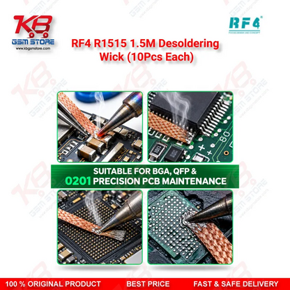 RF4 R1515 1.5M Desoldering Wick (10Pcs Each) – Low-Residue Copper Solder Braid for Mobile PCB & BGA IC Repair