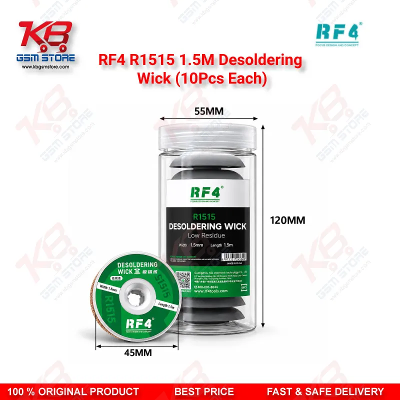 RF4 R1515 1.5M Desoldering Wick (10Pcs Each) – Low-Residue Copper Solder Braid for Mobile PCB & BGA IC Repair
