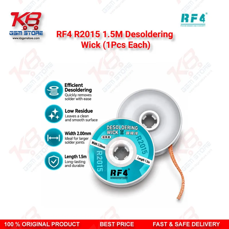 RF4 R2015 1.5M Desoldering Wick (1Pcs Each) – 2.0mm Low-Residue Copper Solder Wick for PCB & BGA Rework