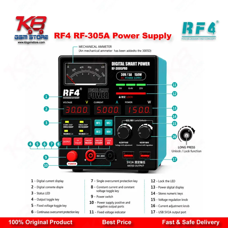 RF4 RF-305A Multifunctional Adjustable DC Power Supply with Short Killer Function (30V / 5A)