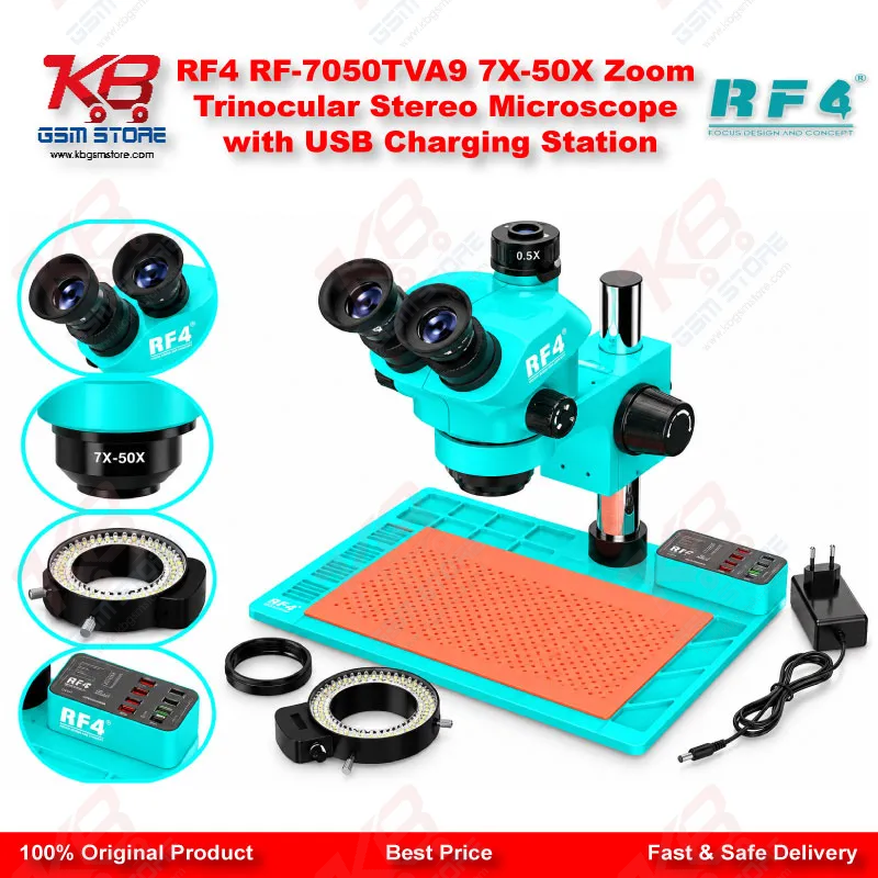 RF4 RF-7050TVA9 7X-50X Zoom Trinocular Stereo Microscope with USB Charging Station