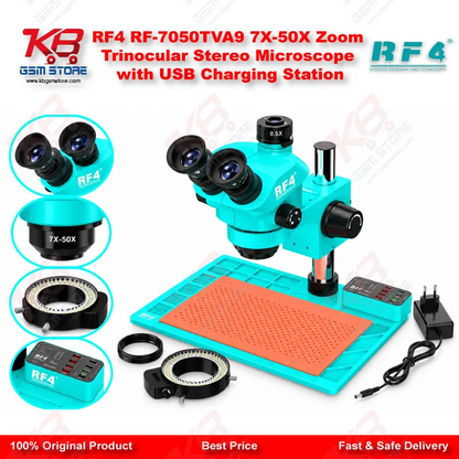 RF4 RF-7050TVA9 7X-50X Zoom Trinocular Stereo Microscope with USB Charging Station