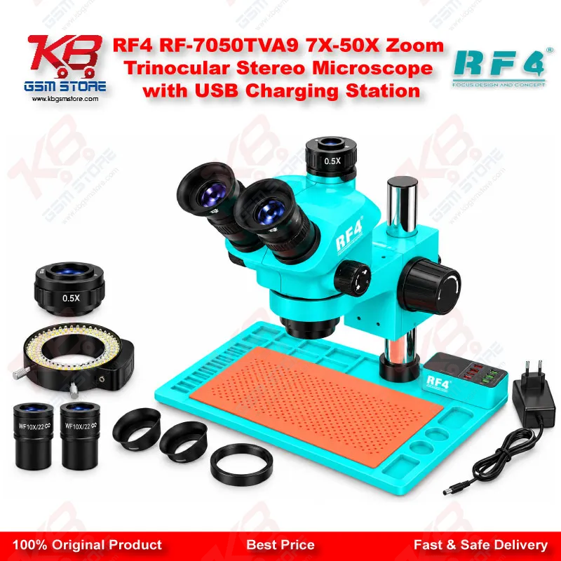 RF4 RF-7050TVA9 7X-50X Zoom Trinocular Stereo Microscope with USB Charging Station