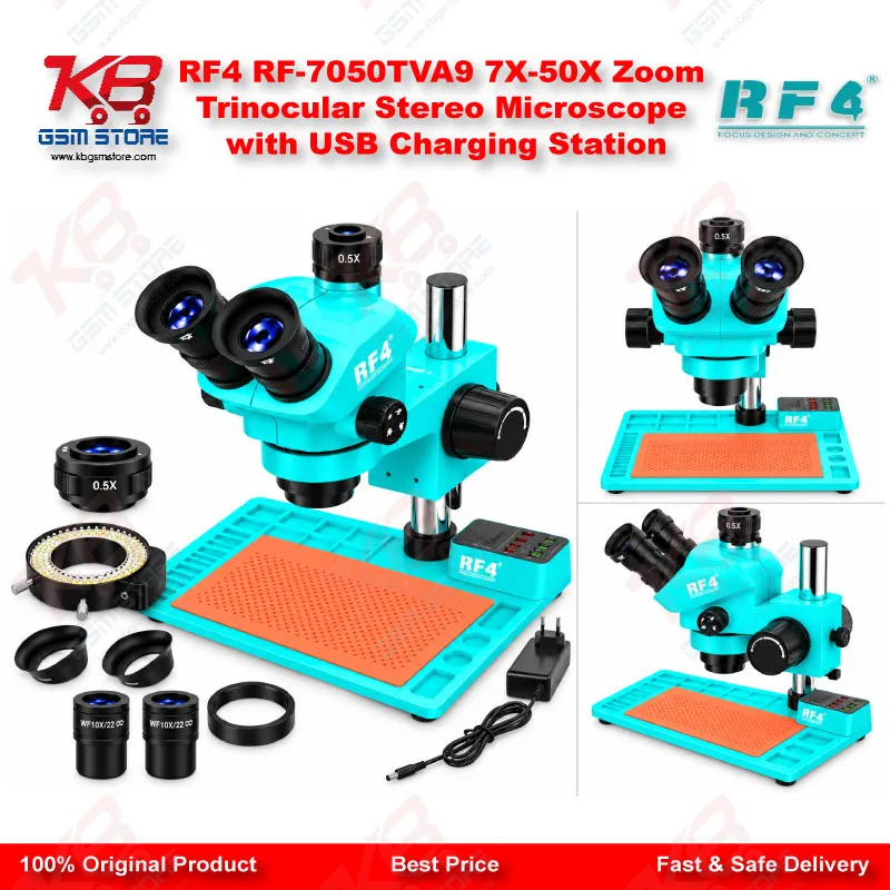 RF4 RF-7050TVA9 7X-50X Zoom Trinocular Stereo Microscope with USB Charging Station