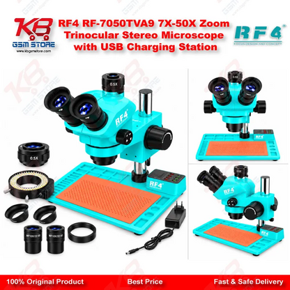 RF4 RF-7050TVA9 7X-50X Zoom Trinocular Stereo Microscope with USB Charging Station