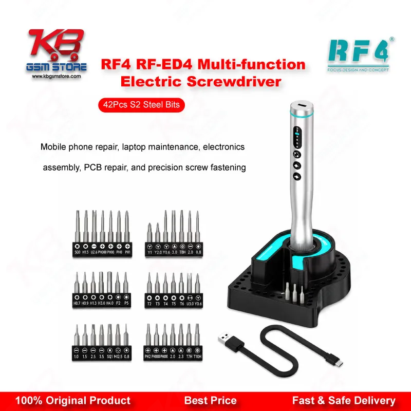 RF4 RF-ED4 Multi-function Electric Screwdriver Set with 42Pcs S2 Steel Bits – 4-Speed Adjustable, Type-C Charging