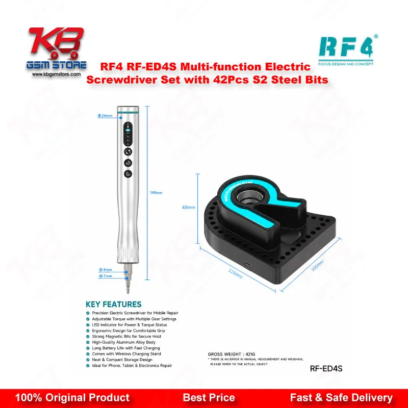 RF4 RF-ED4S Electric Screwdriver Set – 42Pcs S2 Steel Bits with Charging Base