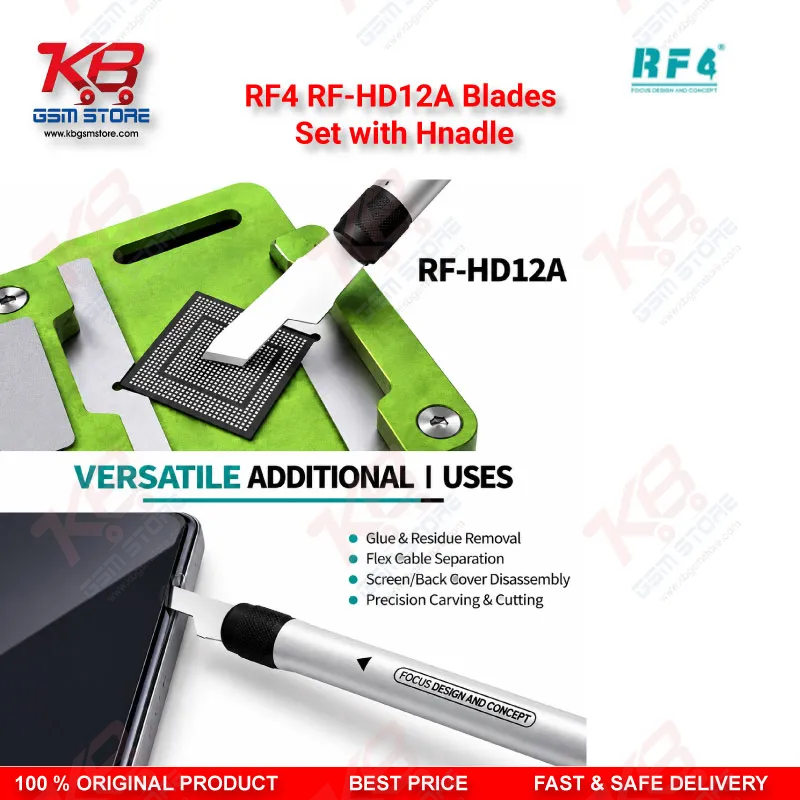 RF4 RF-HD12A Blades Set with Hnadle — 4-in-1 Disassembly Blade & Handle Kit for PCB Glue Removal, Prying, and Screen Separation
