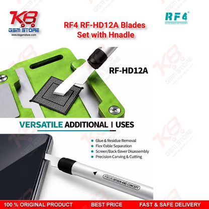 RF4 RF-HD12A Blades Set with Hnadle — 4-in-1 Disassembly Blade & Handle Kit for PCB Glue Removal, Prying, and Screen Separation