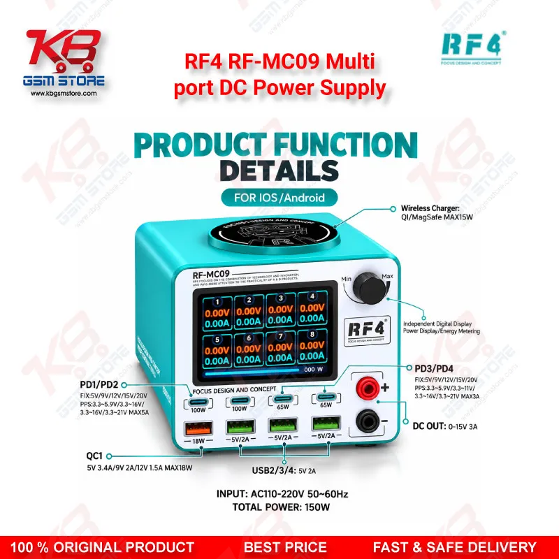 RF4 RF-MC09 Multi-Port DC Power Supply with Wireless Charging & 100W Fast Charge