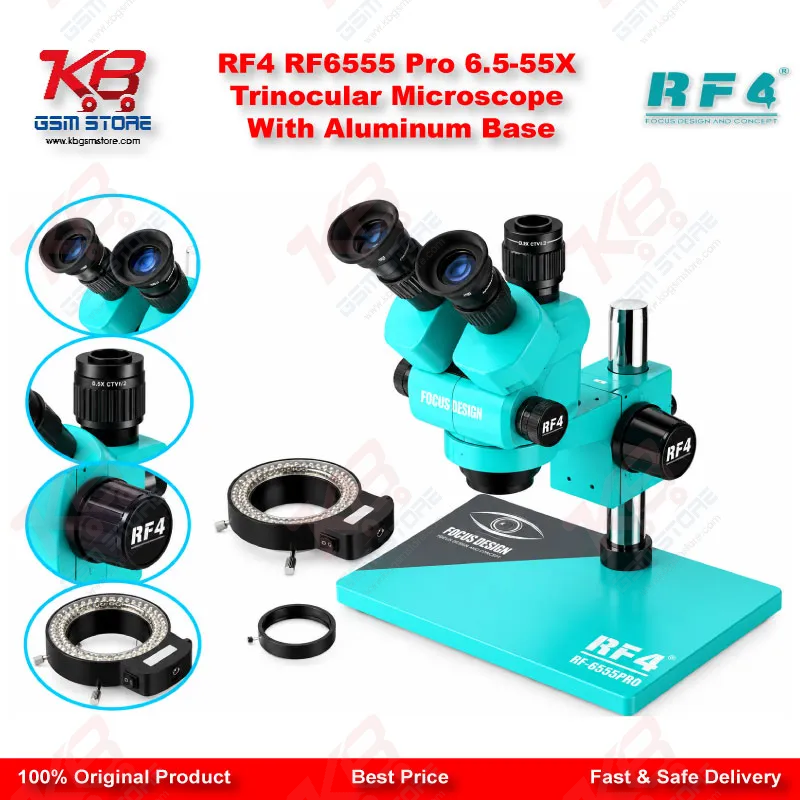 RF4 RF6555 Pro 6.5-55X Trinocular Microscope With Aluminum Base