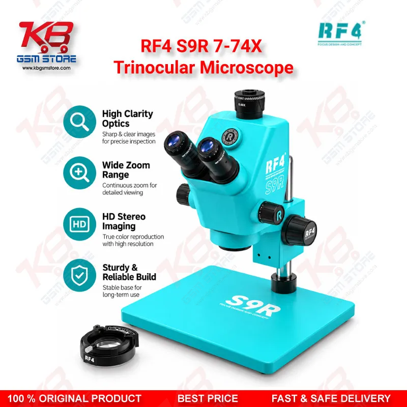 RF4 S9R 7-74X Trinocular Microscope – Ultra-Wide Field Continuous Zoom Stereo Microscope for Mobile Phone PCB Repair