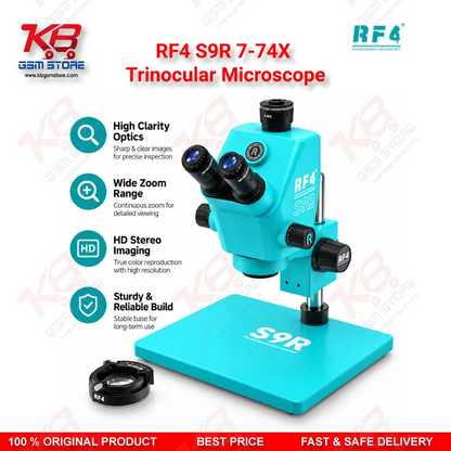RF4 S9R 7-74X Trinocular Microscope – Ultra-Wide Field Continuous Zoom Stereo Microscope for Mobile Phone PCB Repair