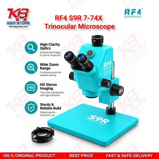 RF4 S9R 7-74X Trinocular Microscope – Ultra-Wide Field Continuous Zoom Stereo Microscope for Mobile Phone PCB Repair
