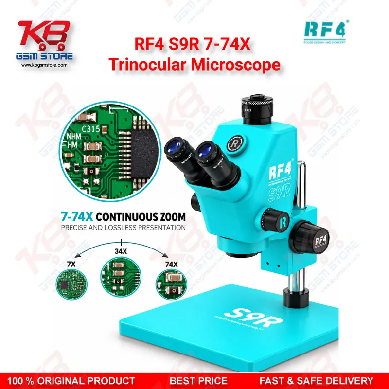 RF4 S9R 7-74X Trinocular Microscope – Ultra-Wide Field Continuous Zoom Stereo Microscope for Mobile Phone PCB Repair