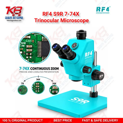RF4 S9R 7-74X Trinocular Microscope – Ultra-Wide Field Continuous Zoom Stereo Microscope for Mobile Phone PCB Repair