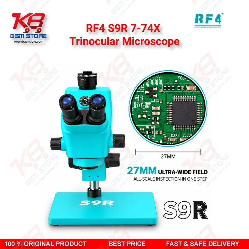 RF4 S9R 7-74X Trinocular Microscope – Ultra-Wide Field Continuous Zoom Stereo Microscope for Mobile Phone PCB Repair