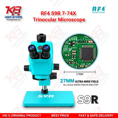 RF4 S9R 7-74X Trinocular Microscope – Ultra-Wide Field Continuous Zoom Stereo Microscope for Mobile Phone PCB Repair