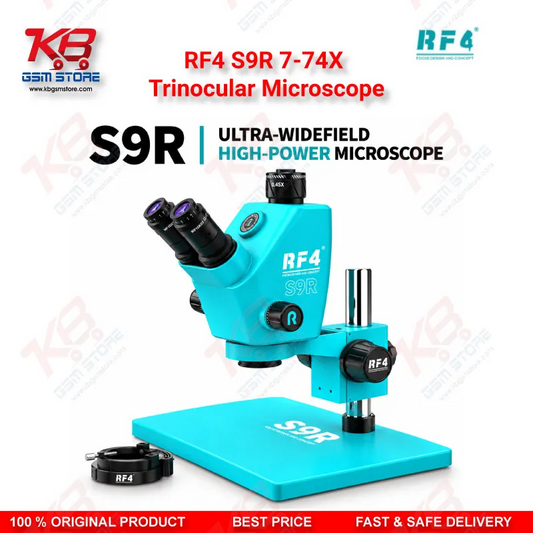 RF4 S9R 7-74X Trinocular Microscope – Ultra-Wide Field Continuous Zoom Stereo Microscope for Mobile Phone PCB Repair