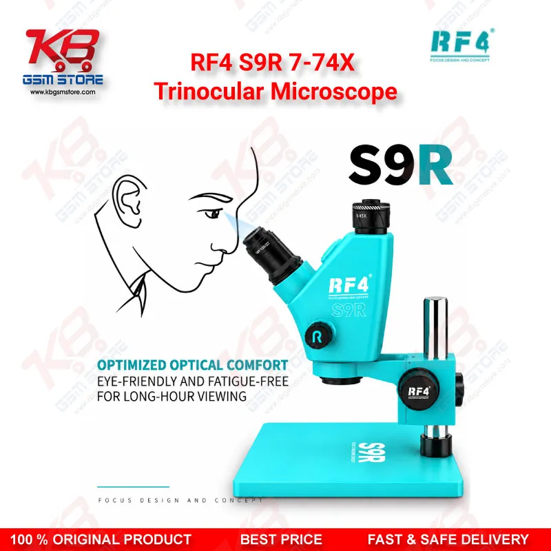 RF4 S9R 7-74X Trinocular Microscope – Ultra-Wide Field Continuous Zoom Stereo Microscope for Mobile Phone PCB Repair