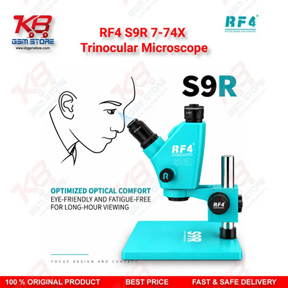 RF4 S9R 7-74X Trinocular Microscope – Ultra-Wide Field Continuous Zoom Stereo Microscope for Mobile Phone PCB Repair