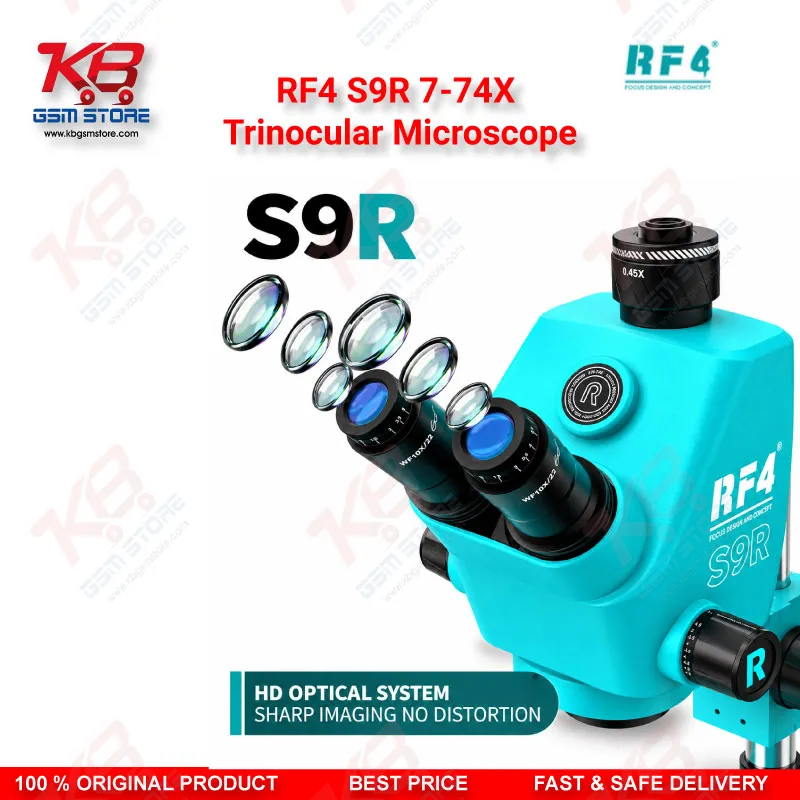 RF4 S9R 7-74X Trinocular Microscope – Ultra-Wide Field Continuous Zoom Stereo Microscope for Mobile Phone PCB Repair
