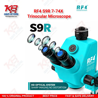 RF4 S9R 7-74X Trinocular Microscope – Ultra-Wide Field Continuous Zoom Stereo Microscope for Mobile Phone PCB Repair