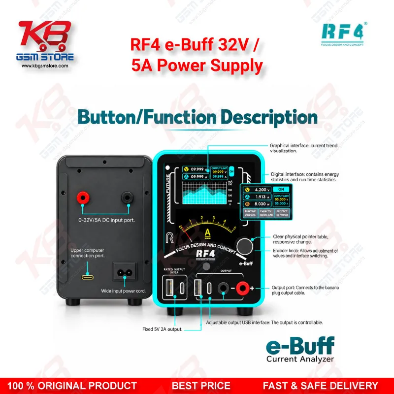 RF4 e-Buff 32V / 5A Digital Display Current Analyzer with Curve Mode and Pointer Display – Dead Phone Diagnostic Boot Power Supply for Mobile Repair Technicians