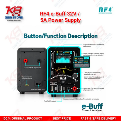 RF4 e-Buff 32V / 5A Digital Display Current Analyzer with Curve Mode and Pointer Display – Dead Phone Diagnostic Boot Power Supply for Mobile Repair Technicians
