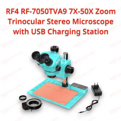 RF4 RF-7050TVA9 7X-50X Zoom Trinocular Stereo Microscope with USB Charging Station