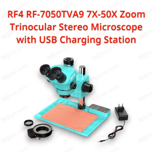 RF4 RF-7050TVA9 7X-50X Zoom Trinocular Stereo Microscope with USB Charging Station