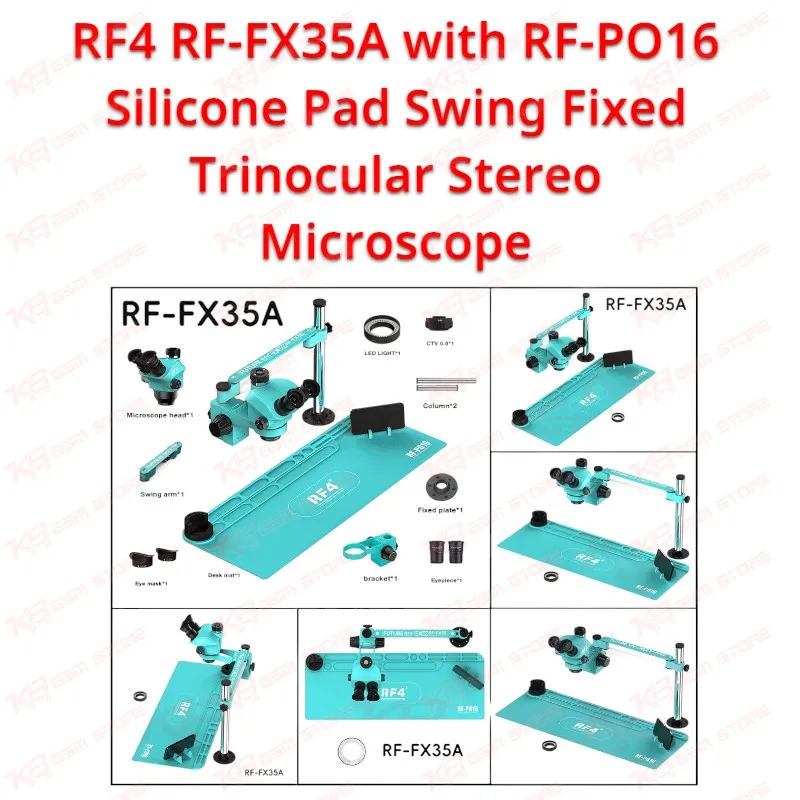 RF4 RF-FX35A with RF-PO16 Silicone Pad Swing Fixed Trinocular Stereo Microscope