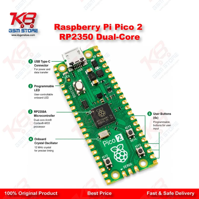 Raspberry Pi Pico 2 RP2350 Dual-Core Microcontroller Board