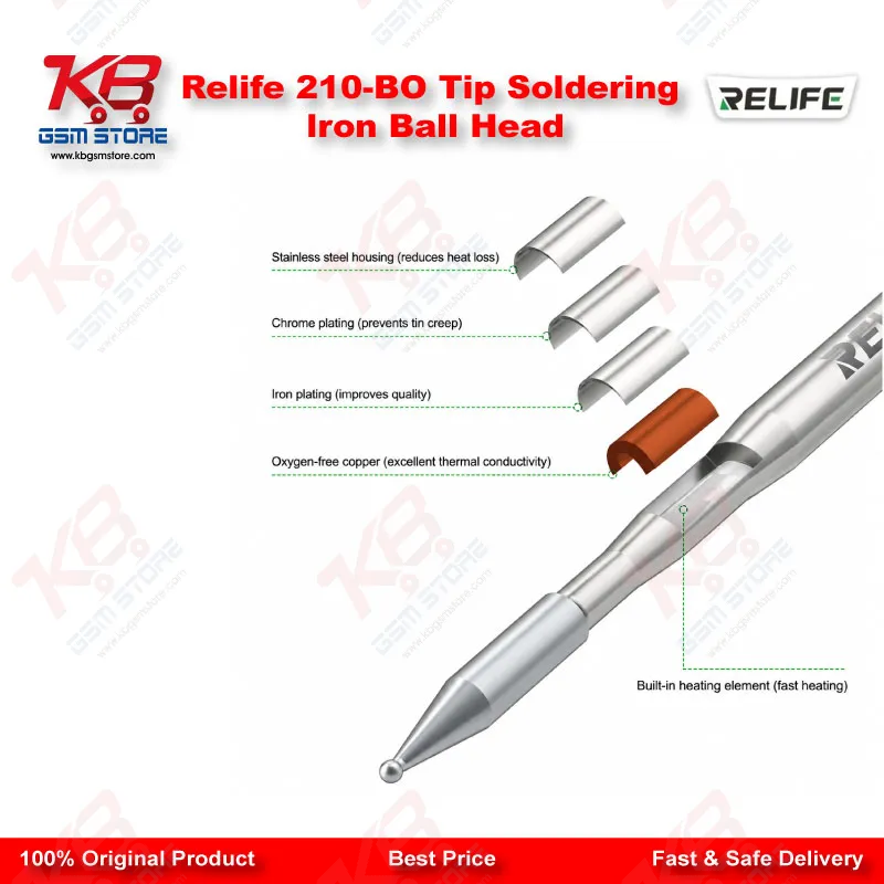 Relife 210-BO C210 Ball Head Soldering Iron Tip – Integrated Heating Core for BGA & Solder Bridge Repair