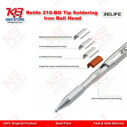 Relife 210-BO C210 Ball Head Soldering Iron Tip – Integrated Heating Core for BGA & Solder Bridge Repair