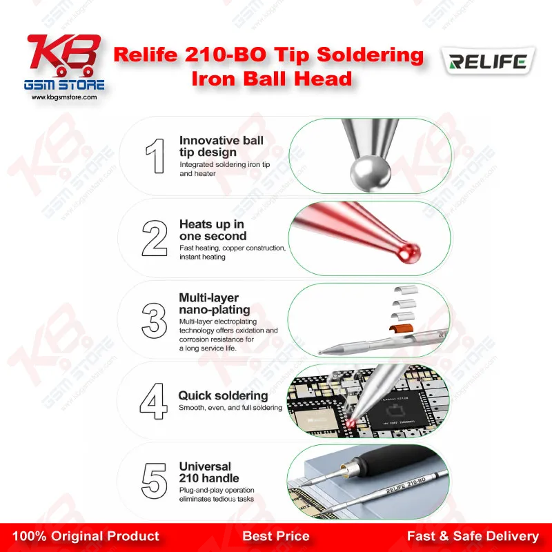 Relife 210-BO C210 Ball Head Soldering Iron Tip – Integrated Heating Core for BGA & Solder Bridge Repair