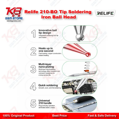 Relife 210-BO C210 Ball Head Soldering Iron Tip – Integrated Heating Core for BGA & Solder Bridge Repair