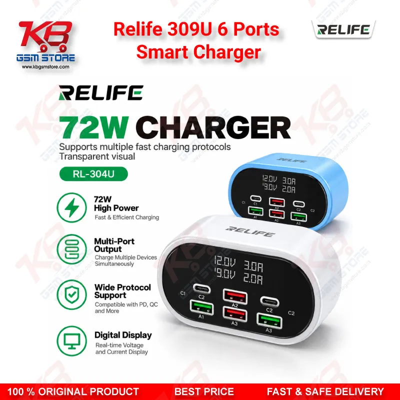 Relife 309U 6 Ports Smart Charger – 72W Dual PD + Dual QC Fast Charging Station for Mobile Repair Workshops