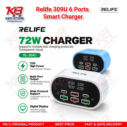 Relife 309U 6 Ports Smart Charger – 72W Dual PD + Dual QC Fast Charging Station for Mobile Repair Workshops