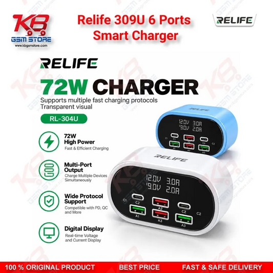 Relife 309U 6 Ports Smart Charger – 72W Dual PD + Dual QC Fast Charging Station for Mobile Repair Workshops