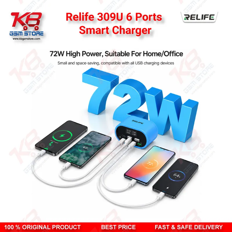 Relife 309U 6 Ports Smart Charger – 72W Dual PD + Dual QC Fast Charging Station for Mobile Repair Workshops