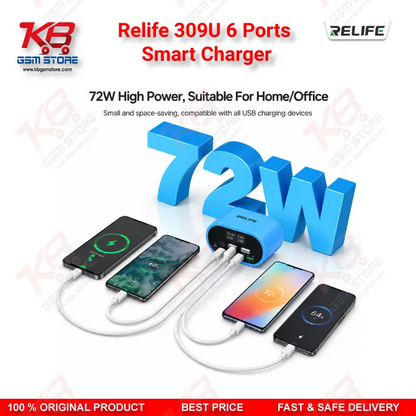 Relife 309U 6 Ports Smart Charger – 72W Dual PD + Dual QC Fast Charging Station for Mobile Repair Workshops