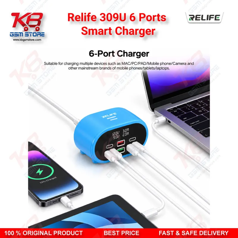 Relife 309U 6 Ports Smart Charger – 72W Dual PD + Dual QC Fast Charging Station for Mobile Repair Workshops
