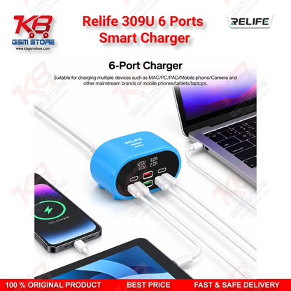 Relife 309U 6 Ports Smart Charger – 72W Dual PD + Dual QC Fast Charging Station for Mobile Repair Workshops