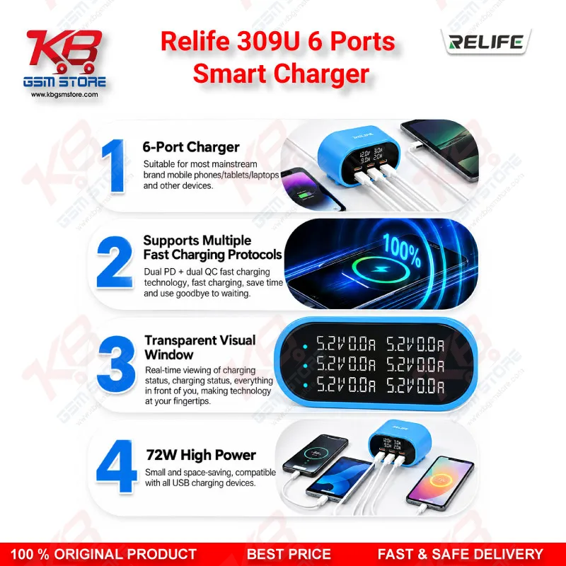 Relife 309U 6 Ports Smart Charger – 72W Dual PD + Dual QC Fast Charging Station for Mobile Repair Workshops